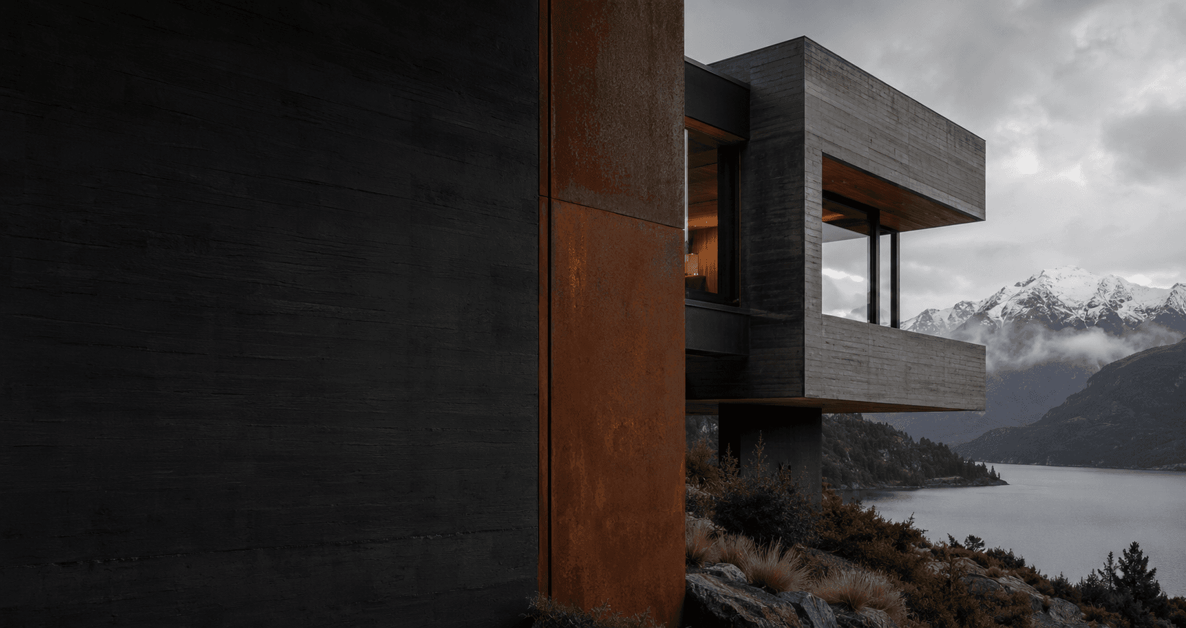 Vivienda contemporánea patagónica de hormigón oscuro y acero Corten